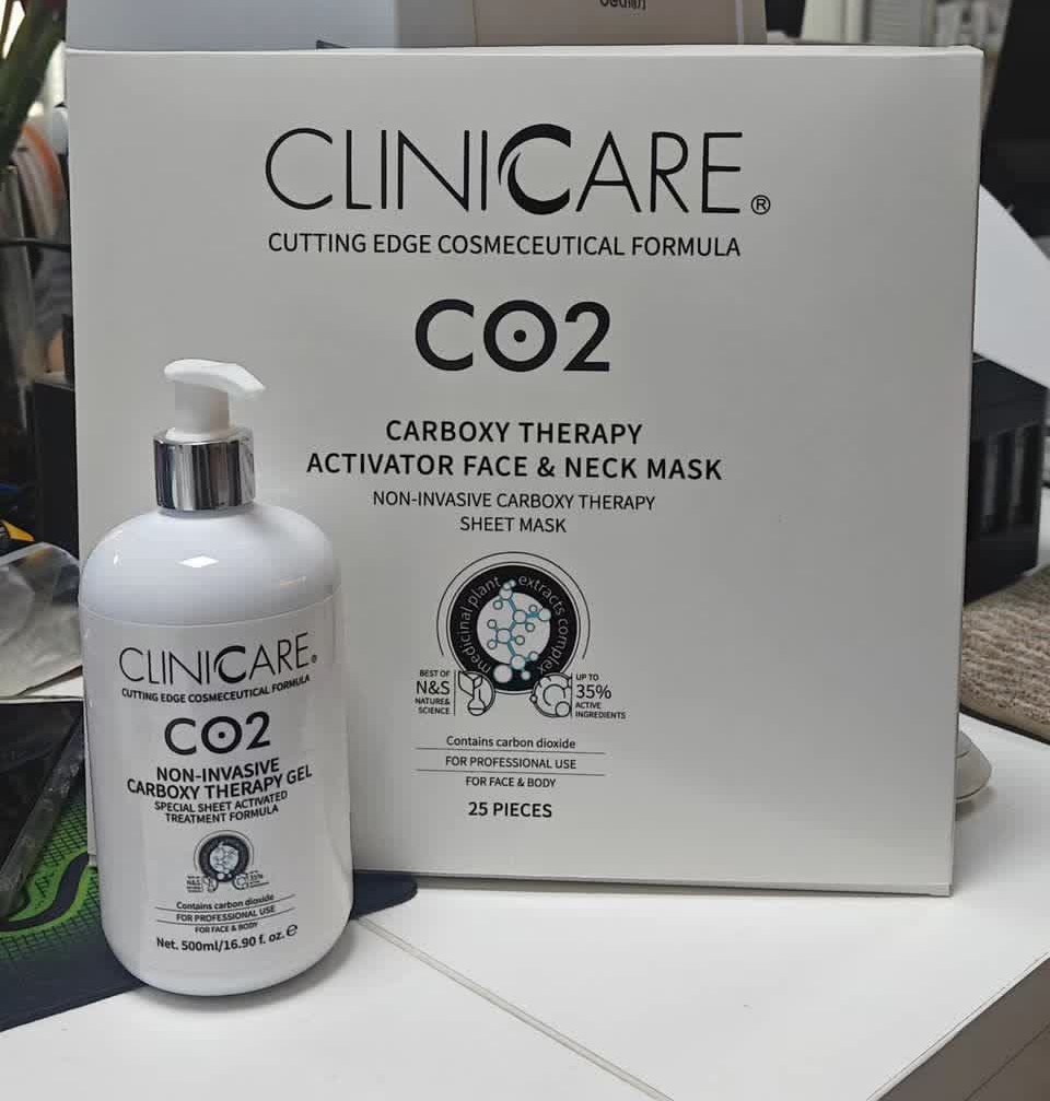 پک کاربوکسی تراپی کلینیکر (CLINICARE CO2 Carboxy Therapy) - ژل ۵۰۰ میل + ۲۵ عدد ماسک صورت و گردن